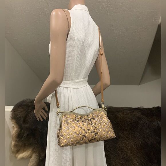 Handsewn Genuine Embossed Leather, Double Kisslock & Top Handle Bag, Crossbody - Picture 8 of 16